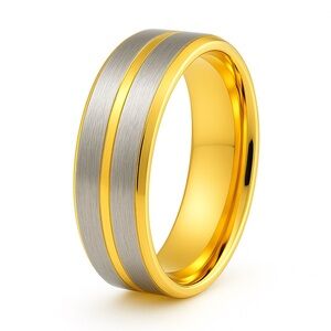 Stainless Steel Two Tone Gold Silver Band Ring | Brushed Center Comfort Fit